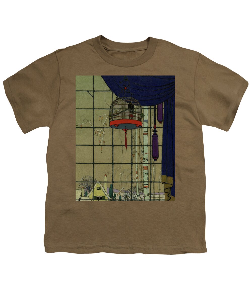 Animal Youth T-Shirt featuring the digital art Drawing Of A Bid In A Cage In Front Of A Window by H. George Brandt
