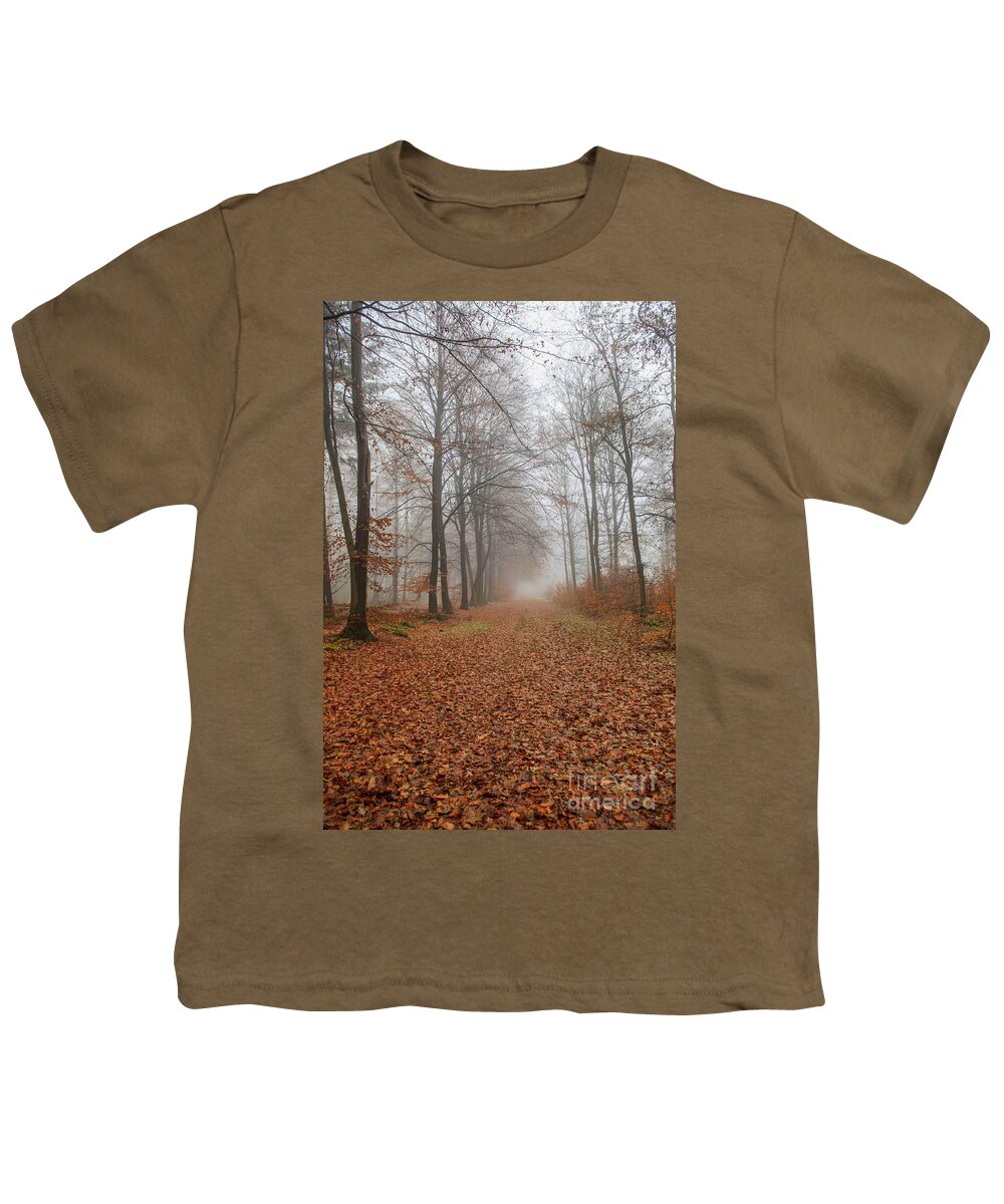 Autumn Youth T-Shirt featuring the photograph Footpath in foggy fall forest by Patricia Hofmeester
