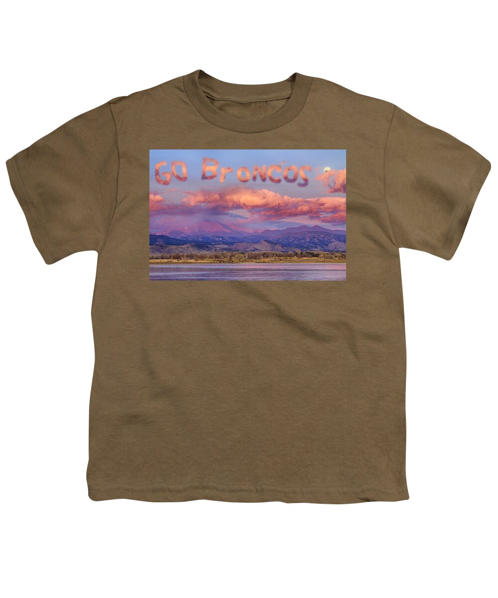 Go Broncos Youth T-Shirt featuring the photograph Go Broncos Colorado Front Range Longs Moon Sunrise by James BO Insogna