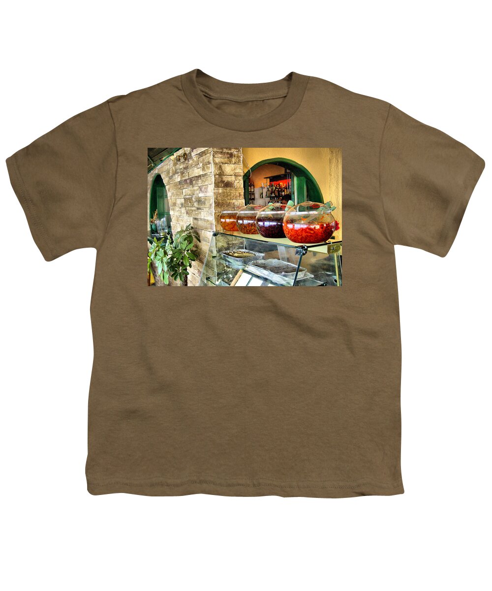 Olives Youth T-Shirt featuring the photograph Greek Isle Restaurant Still Life by Mitchell R Grosky
