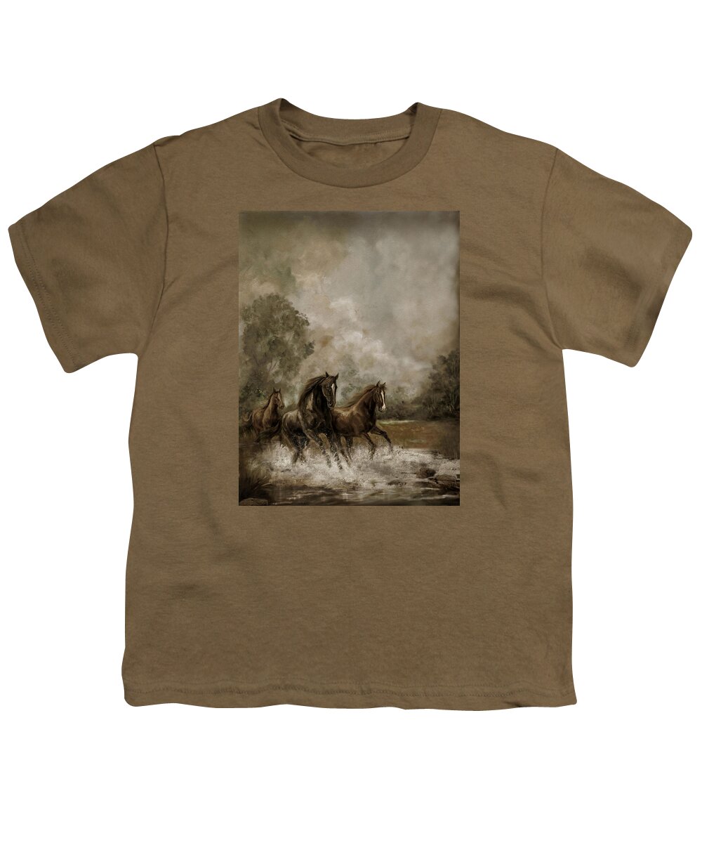 Horse Painting Youth T-Shirt featuring the painting Horse Painting Escaping the Storm by Regina Femrite