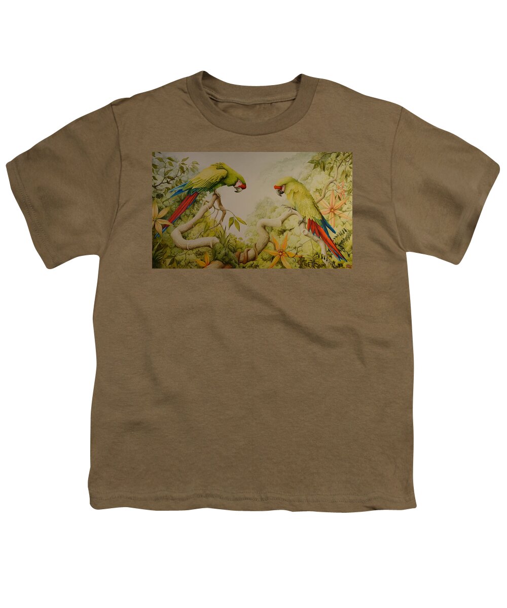 Watercolor Youth T-Shirt featuring the painting Jewels of the Rain Forest Military Macaws by Charles Owens