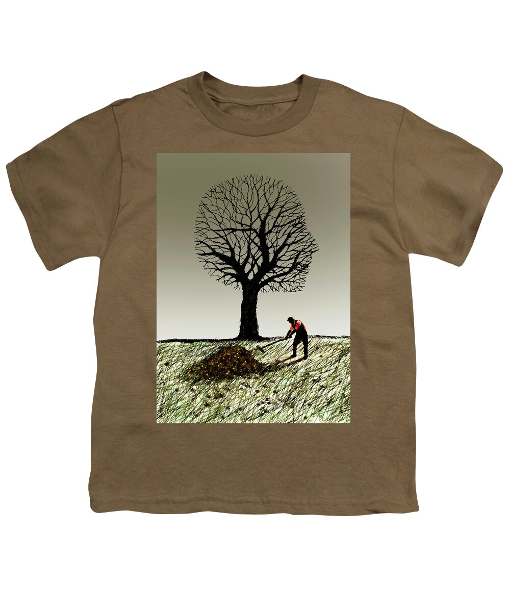 40-45 Youth T-Shirt featuring the photograph Man Raking Autumn Leaves by Ikon Ikon Images