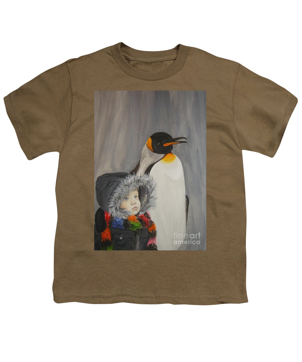Penguin Youth T-Shirt featuring the painting Mika and Penguin by Tamir Barkan