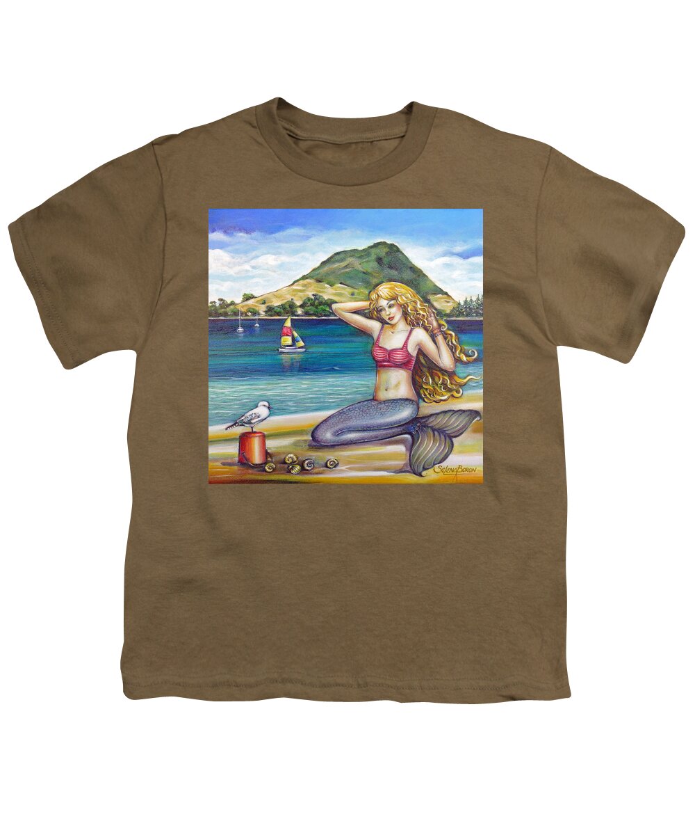 Mount Maunganui Youth T-Shirt featuring the painting Mount Maunganui Beach Mermaid 160313 by Selena Boron