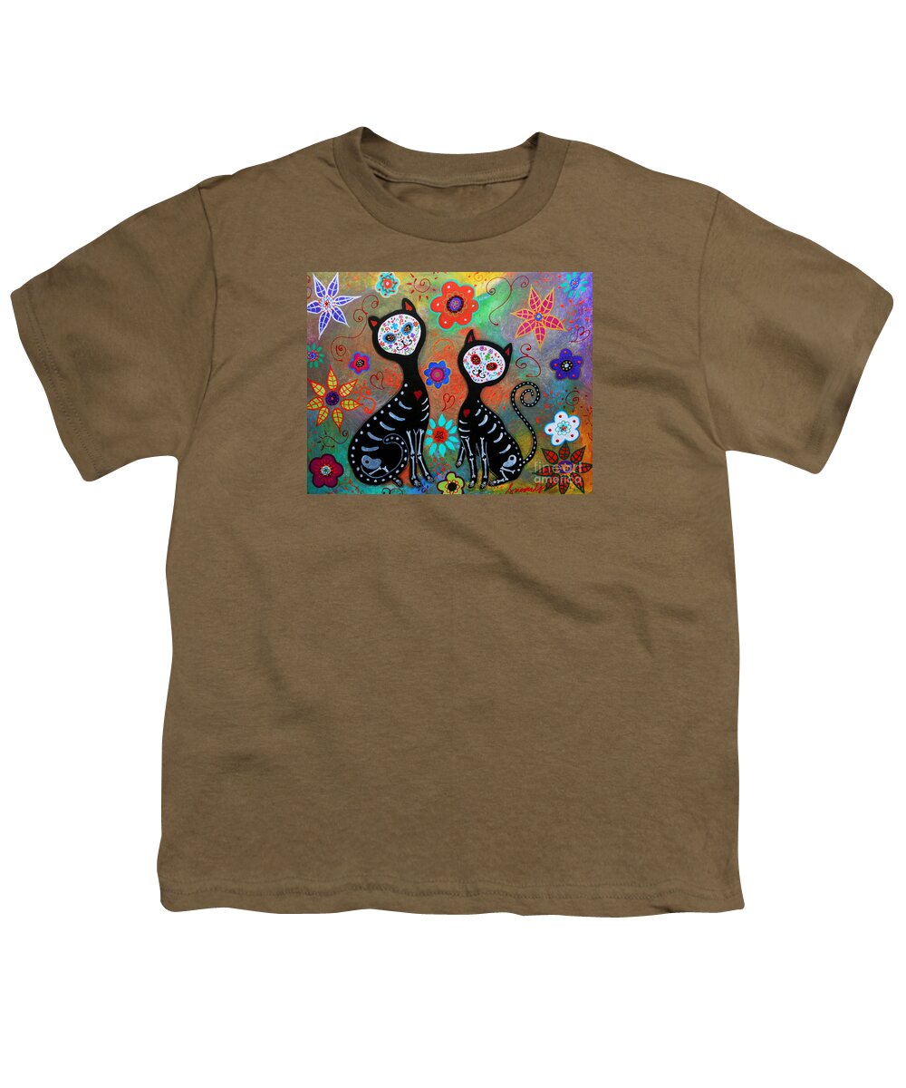 2 Youth T-Shirt featuring the painting My 2 Cats Dia De Los Muertos by Pristine Cartera Turkus