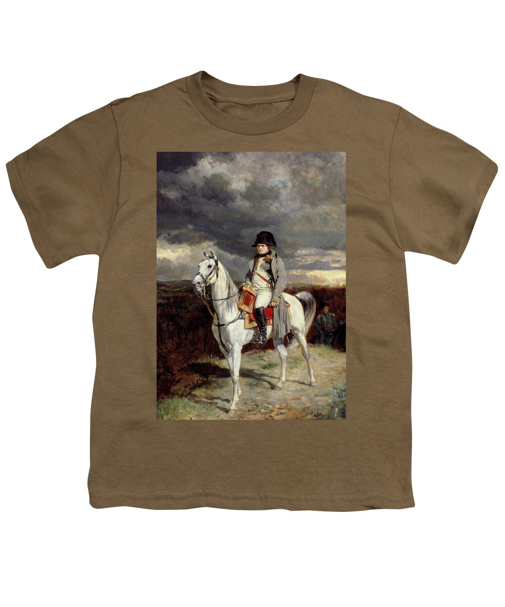 Napoleon Bonaparte (1769-1821); Equestrian Portrait; Uniform; Horse; Hat; Emperor; On Campaign; Male; Grey Coat; France Youth T-Shirt featuring the painting Napoleon Bonaparte by Jean-Louis Ernest Meissonier