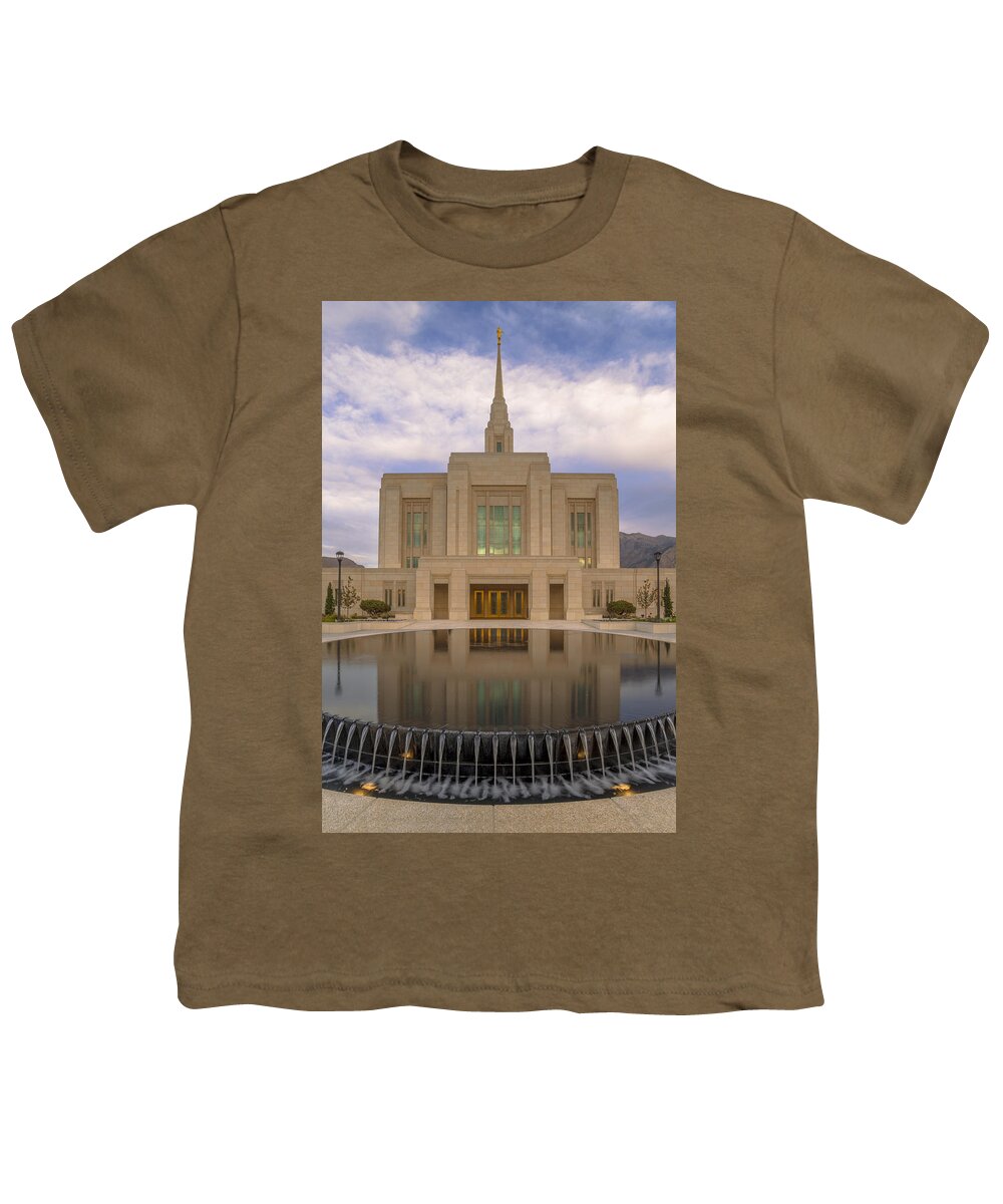 Utah Youth T-Shirt featuring the photograph Ogden Temple Fountain by Dustin LeFevre