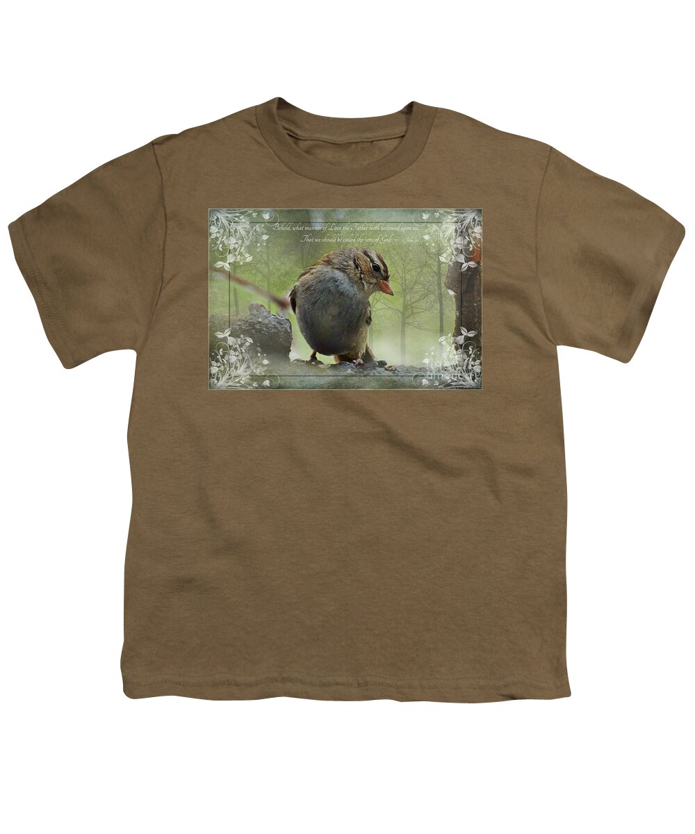 Nature Youth T-Shirt featuring the photograph Rainy Day Sparrow with verse by Debbie Portwood