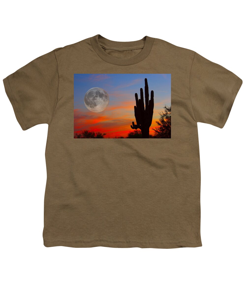 Sunrise Youth T-Shirt featuring the photograph Saguaro Full Moon Sunset by James BO Insogna