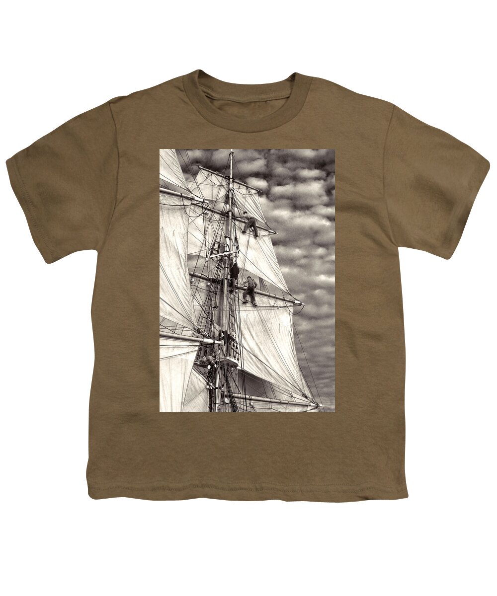 Tall Ship Youth T-Shirt featuring the photograph Sailors in rigging of tall ship by Cliff Wassmann