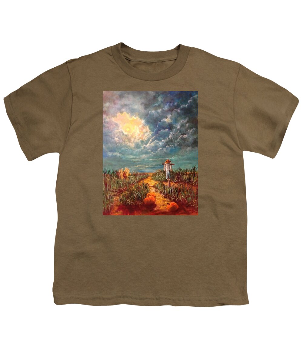 Halloween Youth T-Shirt featuring the painting Scarecrow, Moon, Pumpkins and Mystery by Rand Burns