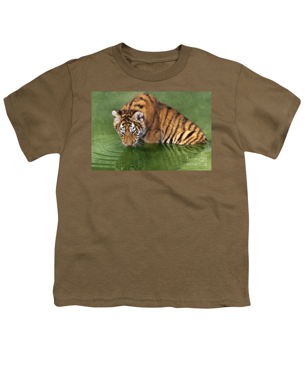 Siberian Tiger Youth T-Shirt featuring the photograph Siberian Tiger Cub in Pond Endangered Species Wildlife Rescue by Dave Welling
