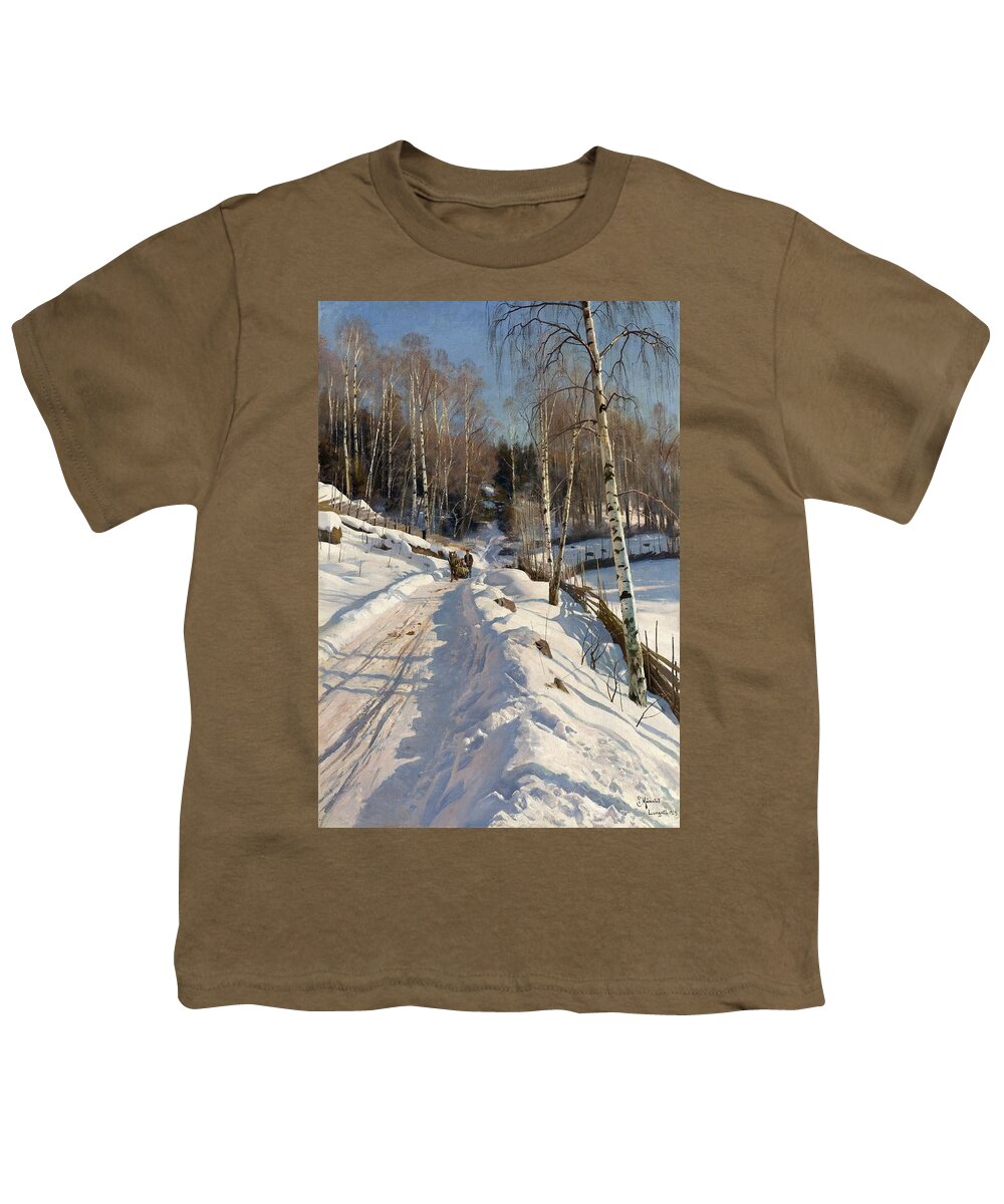 Peder Mork Monsted Youth T-Shirt featuring the painting Sleigh ride on a sunny winter day by Peder Mork Monsted