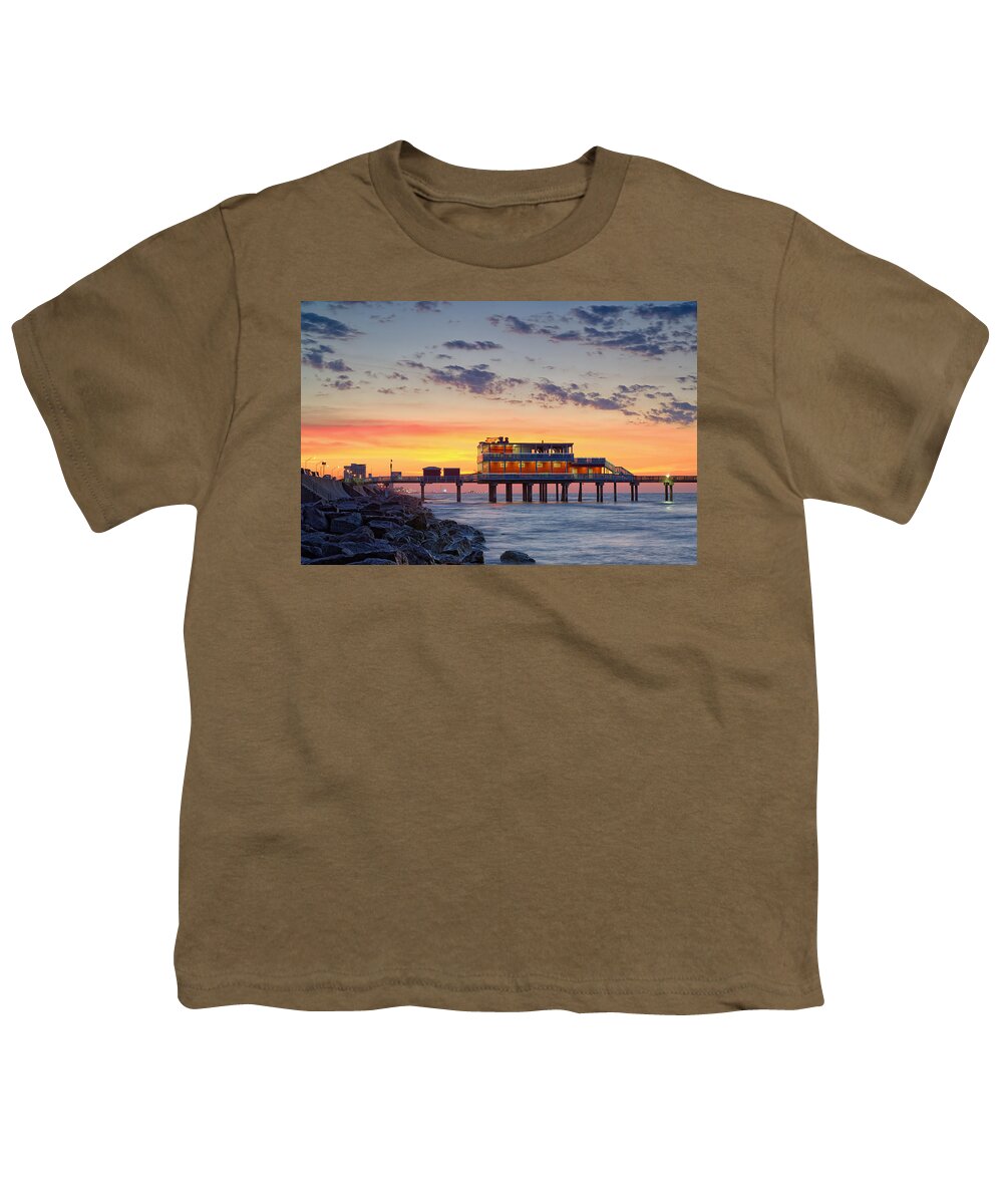 Galveston Youth T-Shirt featuring the photograph Sunrise at the Pier - Galveston Texas Gulf Coast by Silvio Ligutti