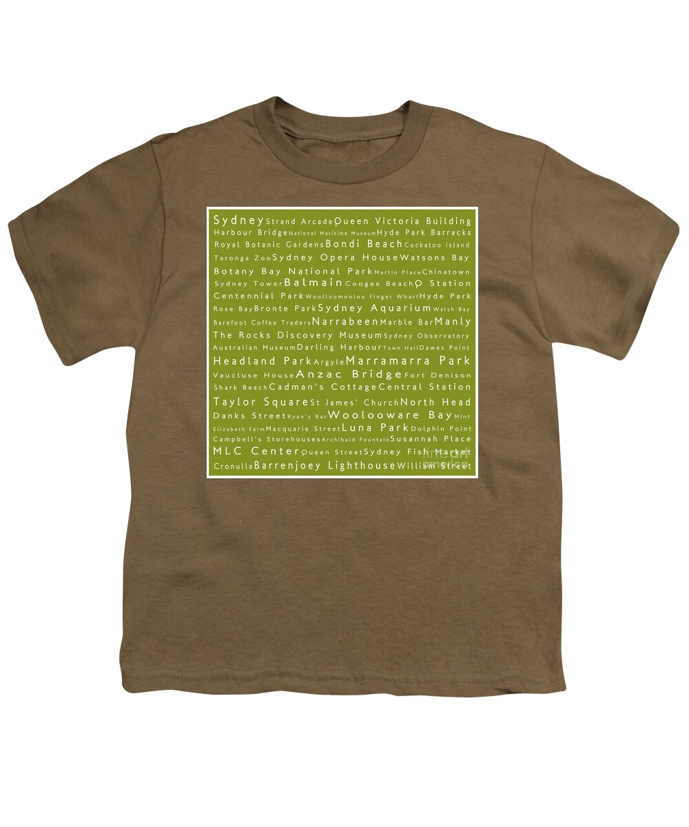 City Youth T-Shirt featuring the digital art Sydney in Words Olive by Sabine Jacobs