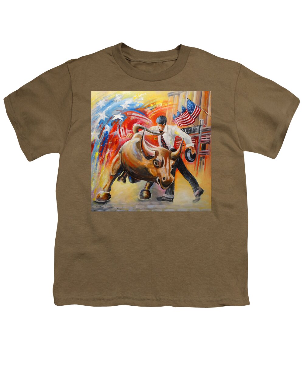 Expressionism Youth T-Shirt featuring the painting Taking on The Wall Street Bull by Miki De Goodaboom