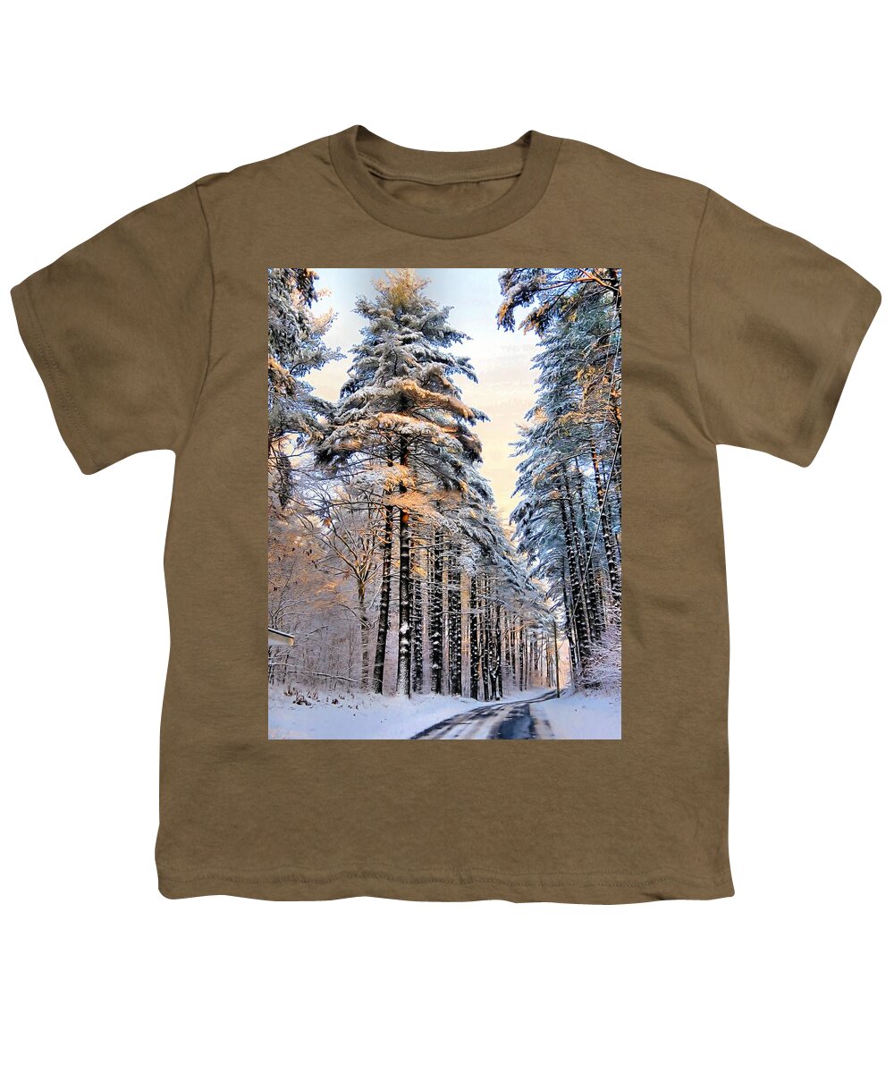 Pines Youth T-Shirt featuring the photograph Tall snowy pines by Janice Drew