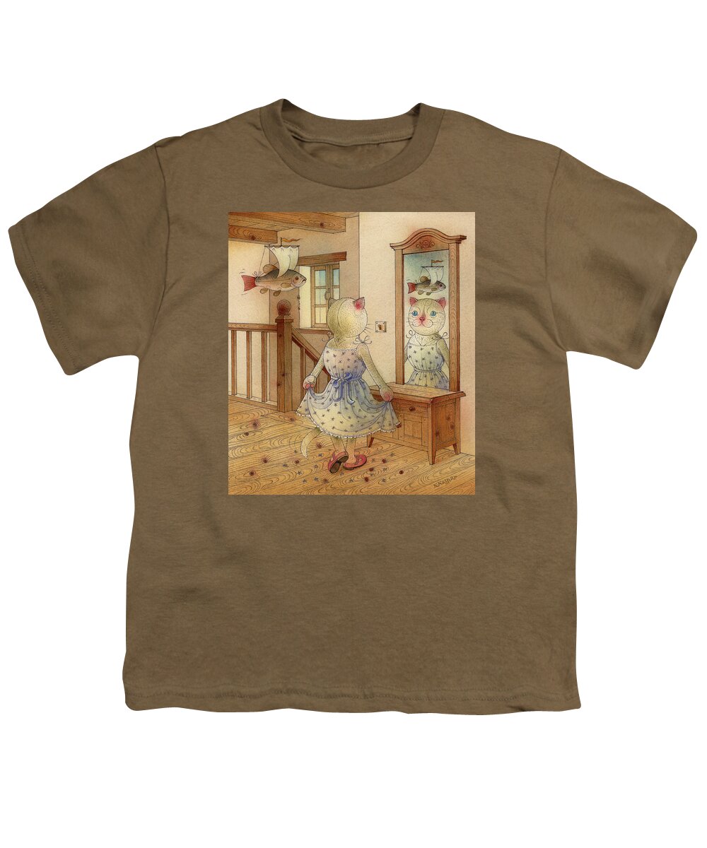 Cat Dream Blue Fish Room Fantasy Mirror Youth T-Shirt featuring the painting The Dream Cat 11 by Kestutis Kasparavicius