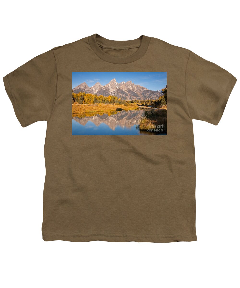 Grand Teton Np Youth T-Shirt featuring the photograph The Grand Tetons at Schwabacher Landing Grand Teton National Park by Fred Stearns