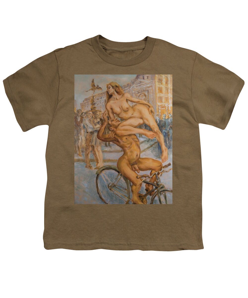 Nudes Youth T-Shirt featuring the painting Venus and Adonis cycling under Eros by Peregrine Roskilly