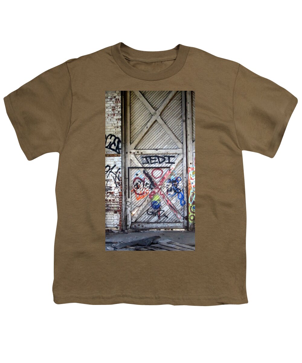Abandoned Youth T-Shirt featuring the photograph Warehouse Door Graffiti JEDI by Anita Burgermeister