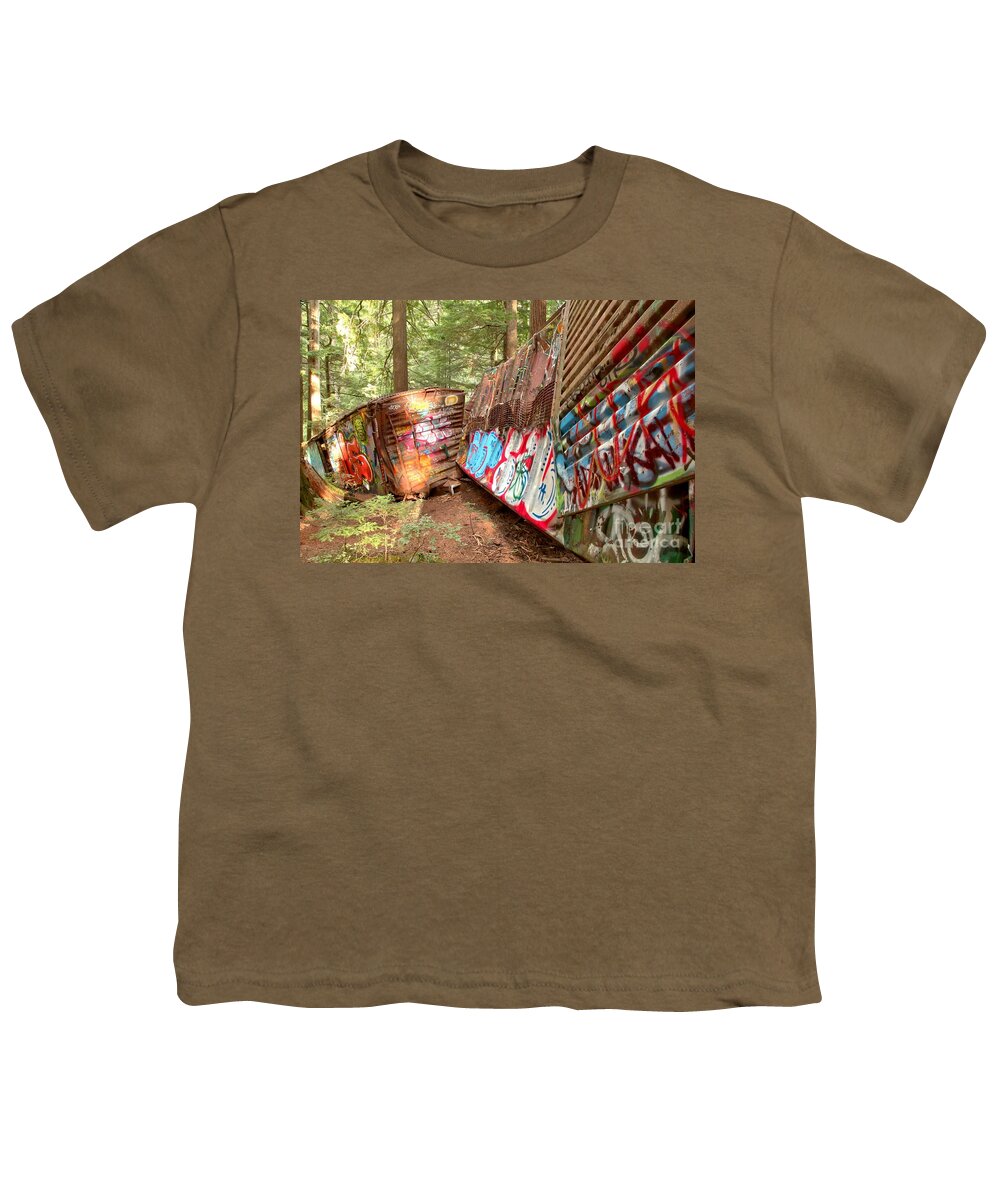 Canadian Train Wreck Youth T-Shirt featuring the photograph Whistler Train Wreck Box Cars by Adam Jewell