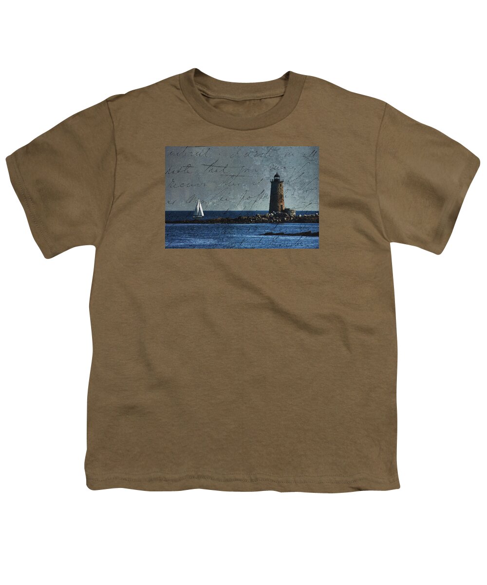 Whaleback Lighthouse Youth T-Shirt featuring the photograph White sails on blue by Jeff Folger