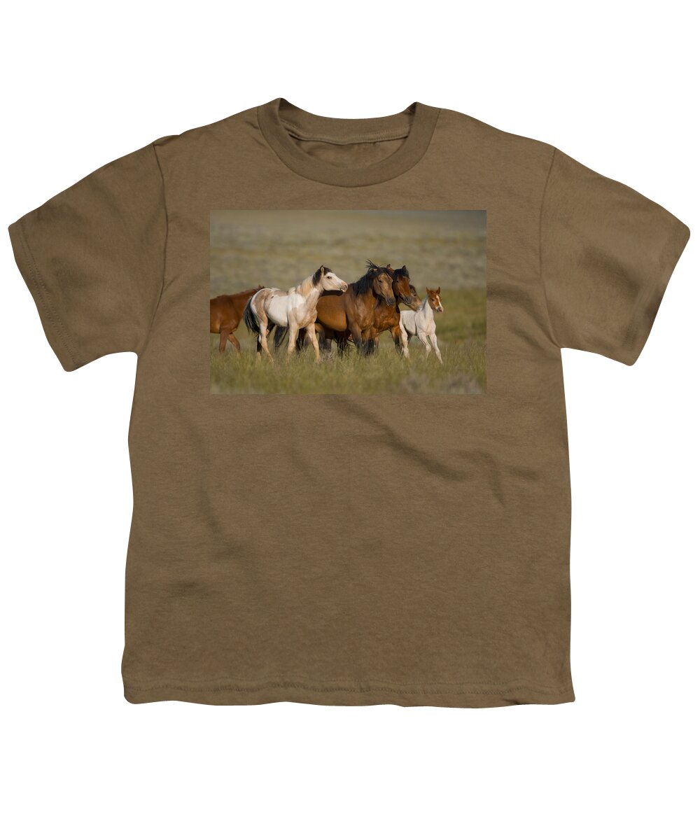 Feb0514 Youth T-Shirt featuring the photograph Wild Horse Herd Running Wyoming by Tom Vezo