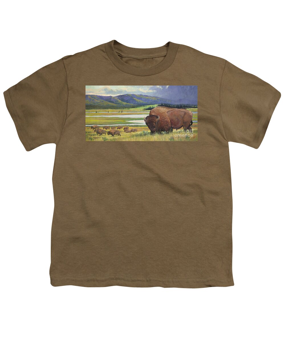 Western Buffalo Youth T-Shirt featuring the painting Yellowstone Bison by Robert Corsetti