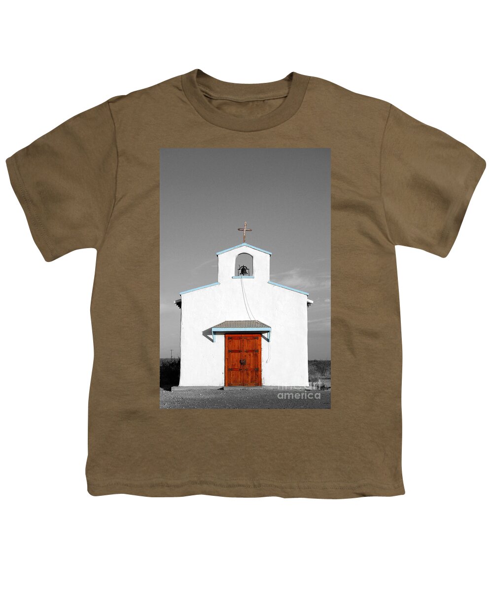 Travelpixpro West Texas Youth T-Shirt featuring the photograph Calera Mission Chapel Facade in West Texas Color Splash Black and White by Shawn O'Brien