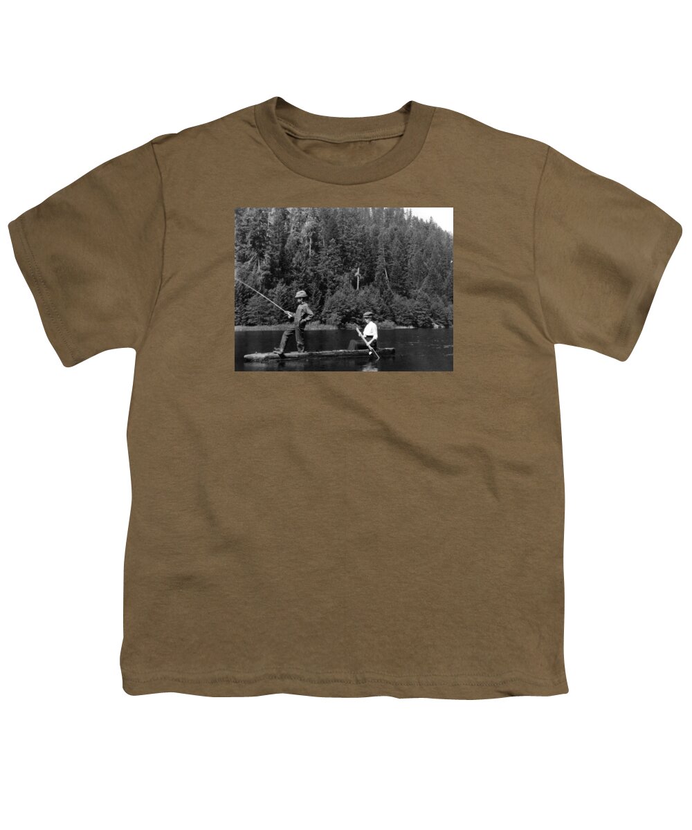 Boy Fishing Hollowed Log Boat 1910s Black White Youth T-Shirt by