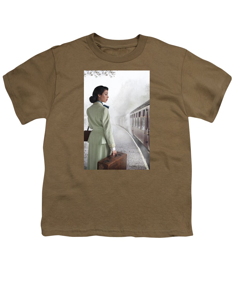 Woman Youth T-Shirt featuring the photograph 1940's Woman On A Railway Platform With Steam Train by Lee Avison