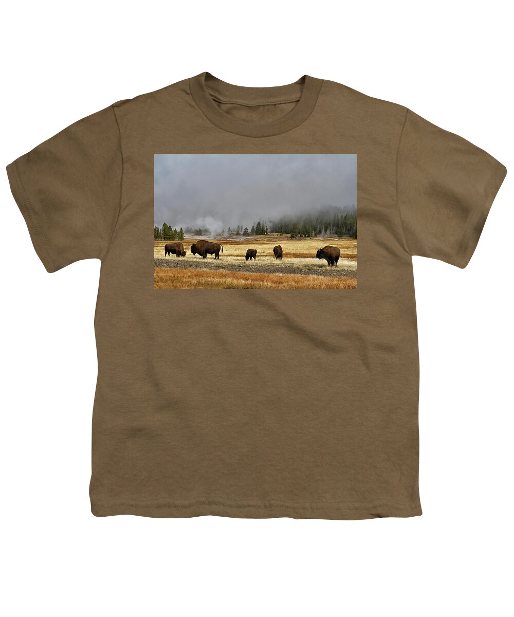 Shirley Mitchell Youth T-Shirt featuring the photograph Bison at Old Faithful #1 by Shirley Mitchell