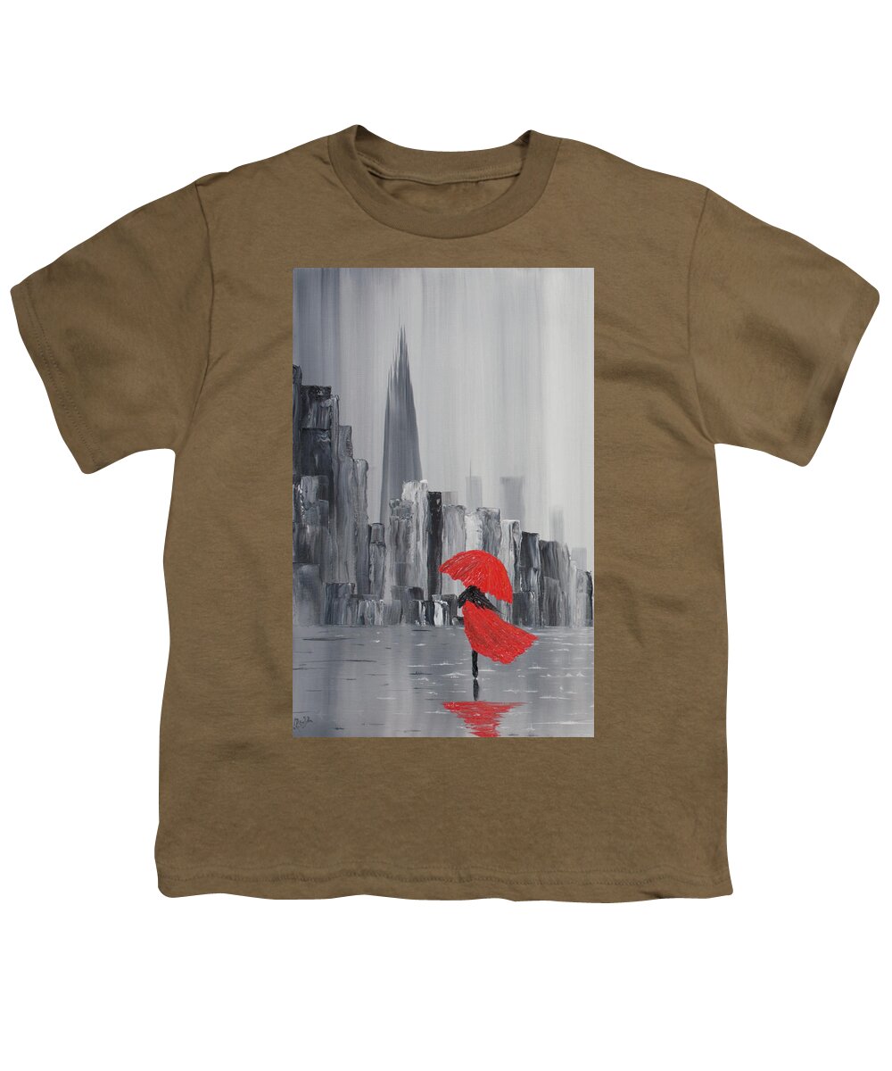London Youth T-Shirt featuring the painting Lady in Red Dress and Red Umbrella Walking Alone through a Storm Lashed London Street to the Shard by Russell Collins