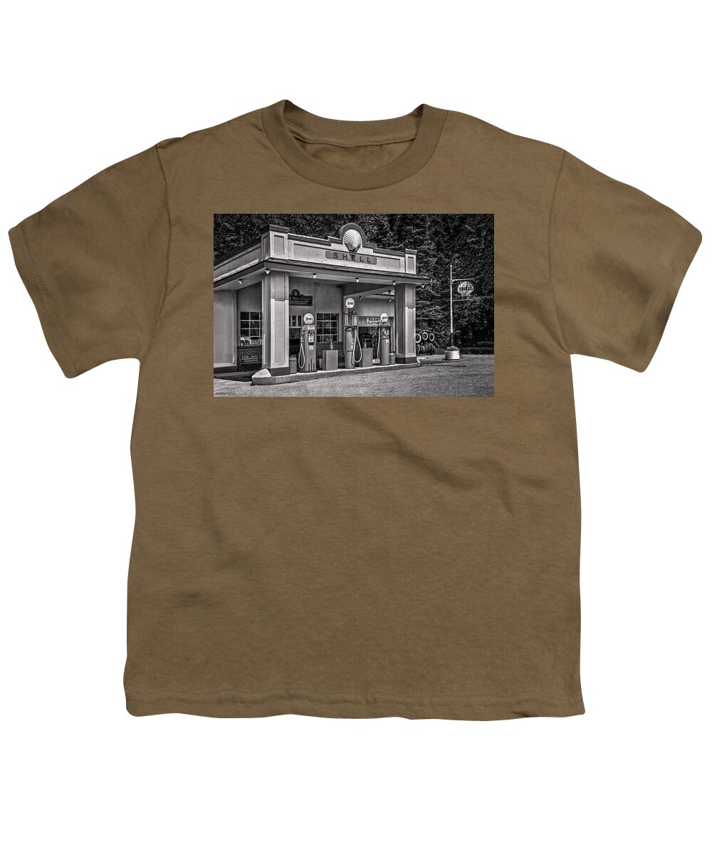Antique Youth T-Shirt featuring the photograph 1930s Shell Gas Station BW by LeeAnn McLaneGoetz McLaneGoetzStudioLLCcom