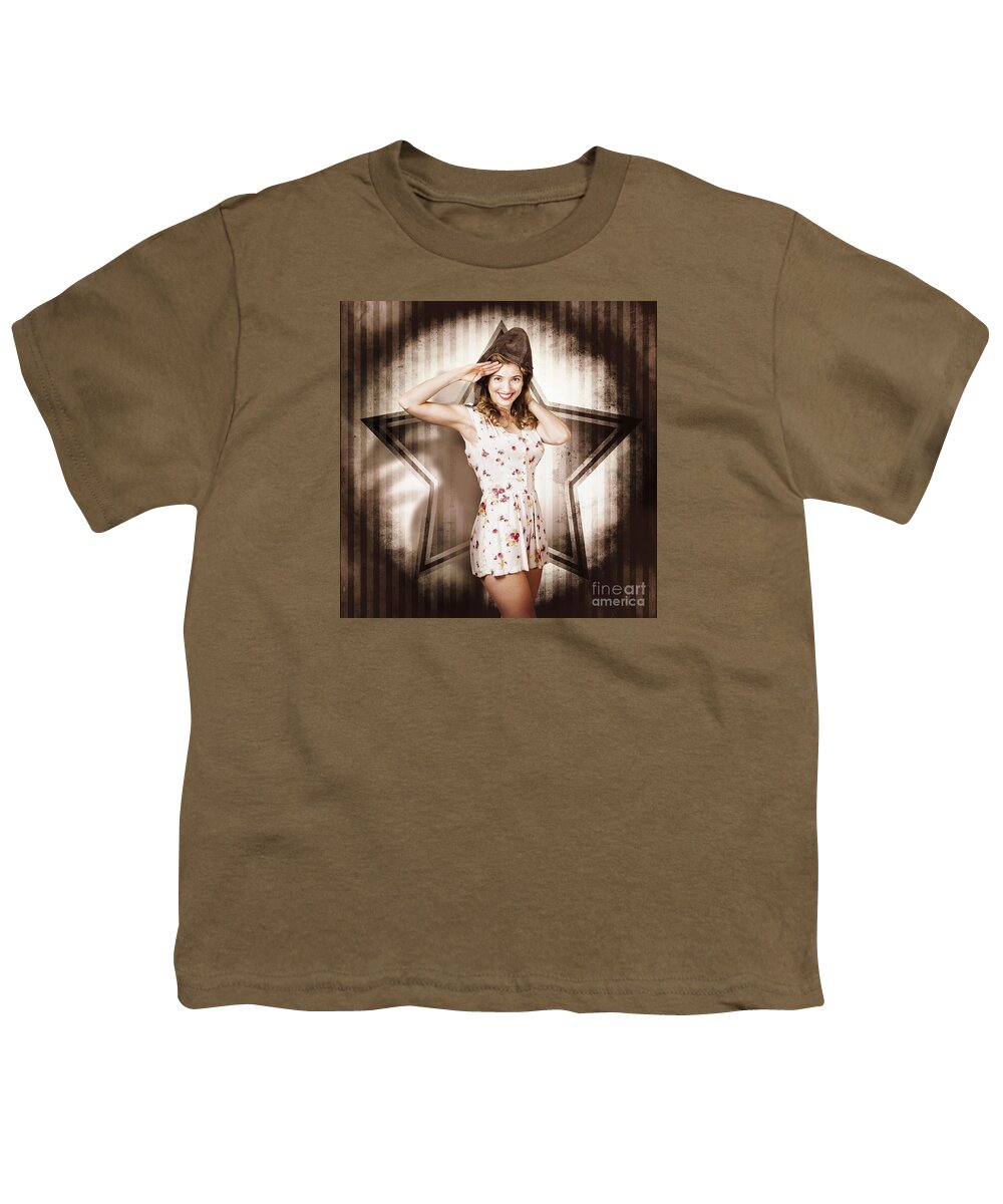Woman Youth T-Shirt featuring the photograph 1940s Aviation Pinup Girl Wearing Military Fashion by Jorgo Photography