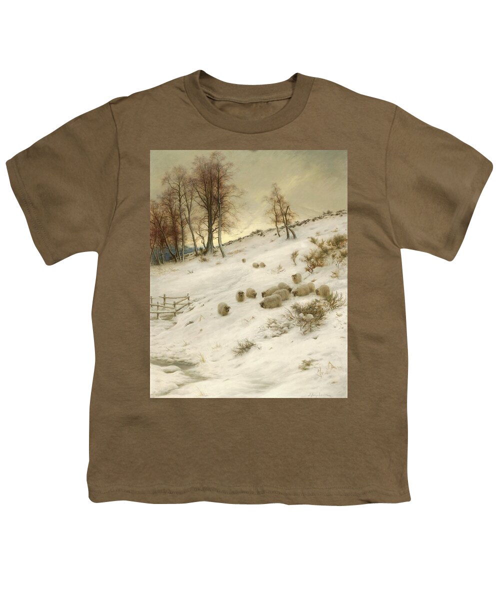 A Flock Of Sheep In A Snowstorm Youth T-Shirt featuring the painting A Flock of Sheep in a Snowstorm by Joseph Farquharson