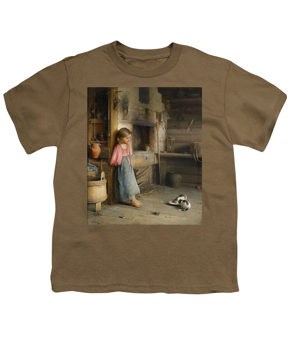 Ivan Lavrentievich Gorokhov Russia 1863-1934 A Girl With Kittens Youth T-Shirt featuring the painting A girl with kittens by MotionAge Designs
