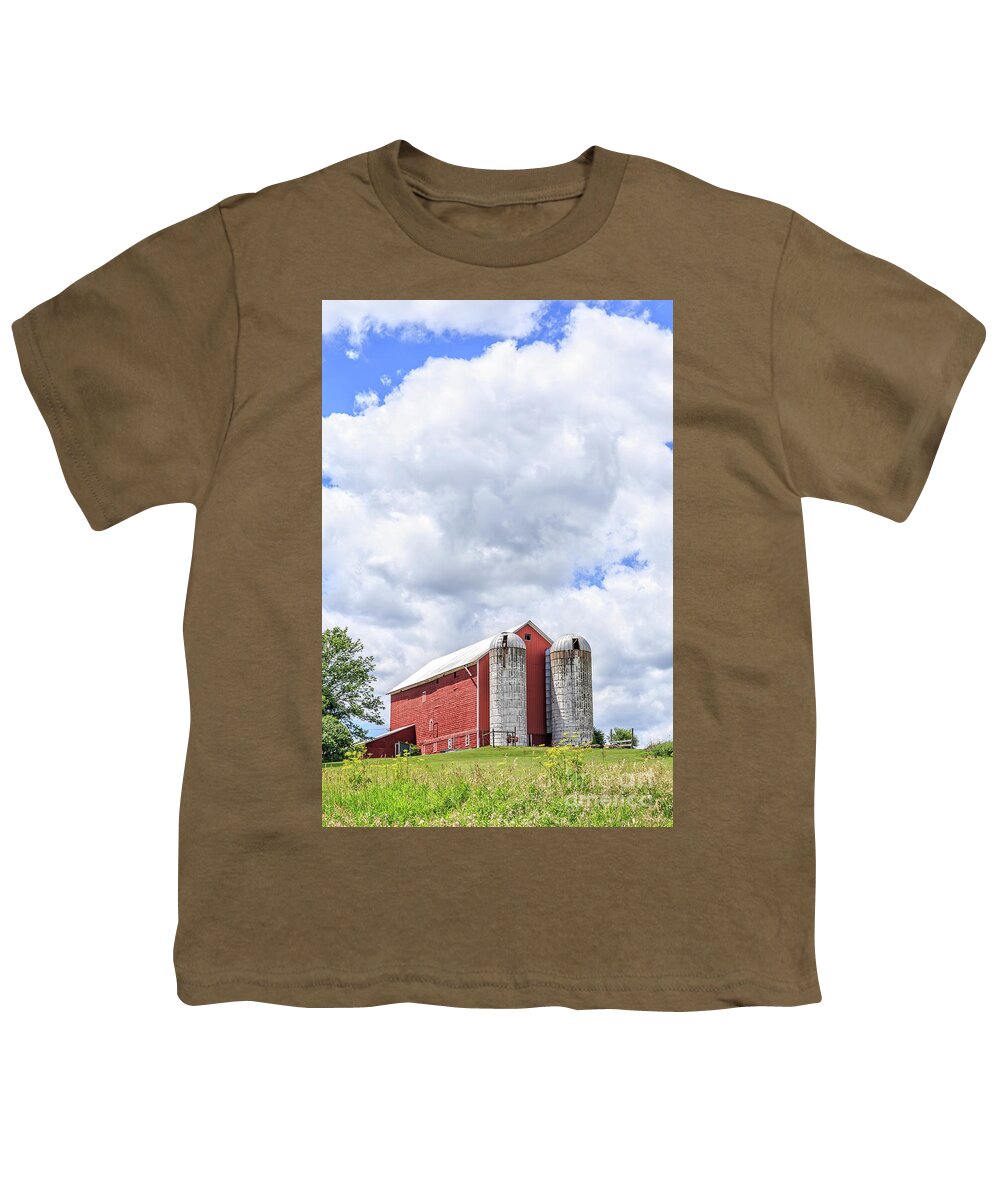 Amish Farm Youth T-Shirt featuring the photograph Amish Red Barn and Silos by Edward Fielding