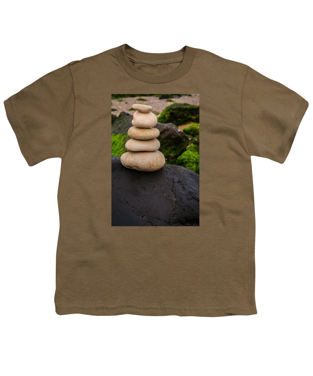 Zen Stones Youth T-Shirt featuring the photograph Balancing Zen Stones By The Sea V by Marco Oliveira