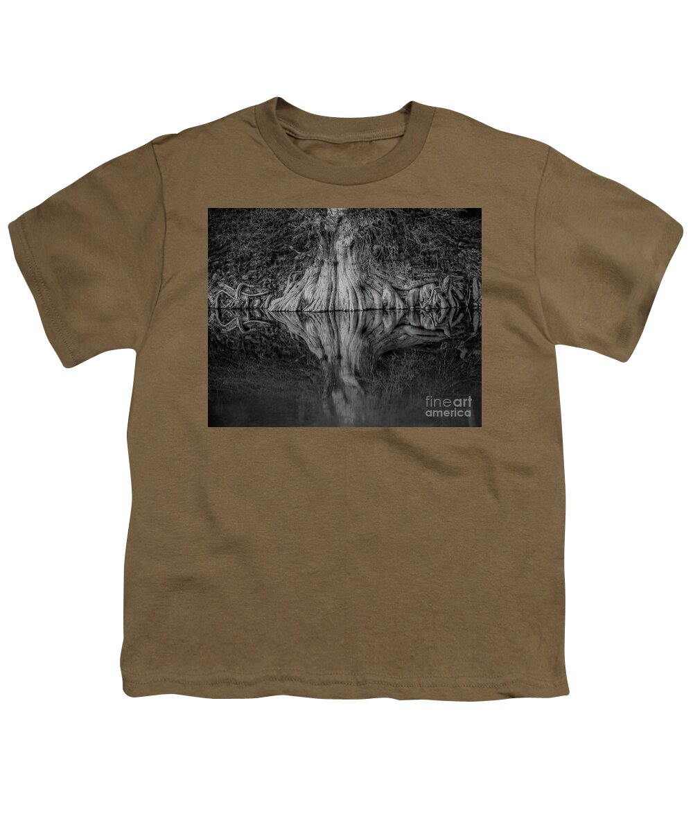 Bald Cypress Reflection In Black And White Michael Tidwell Guadalupe River Mike Tidwell Youth T-Shirt featuring the photograph Bald Cypress Reflection in Black and White by Michael Tidwell