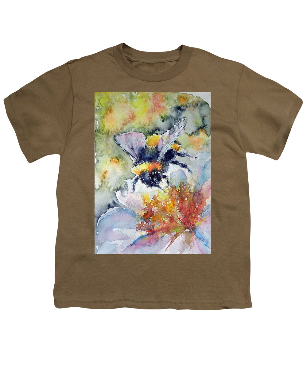 Bee Youth T-Shirt featuring the painting Bee on flower by Kovacs Anna Brigitta