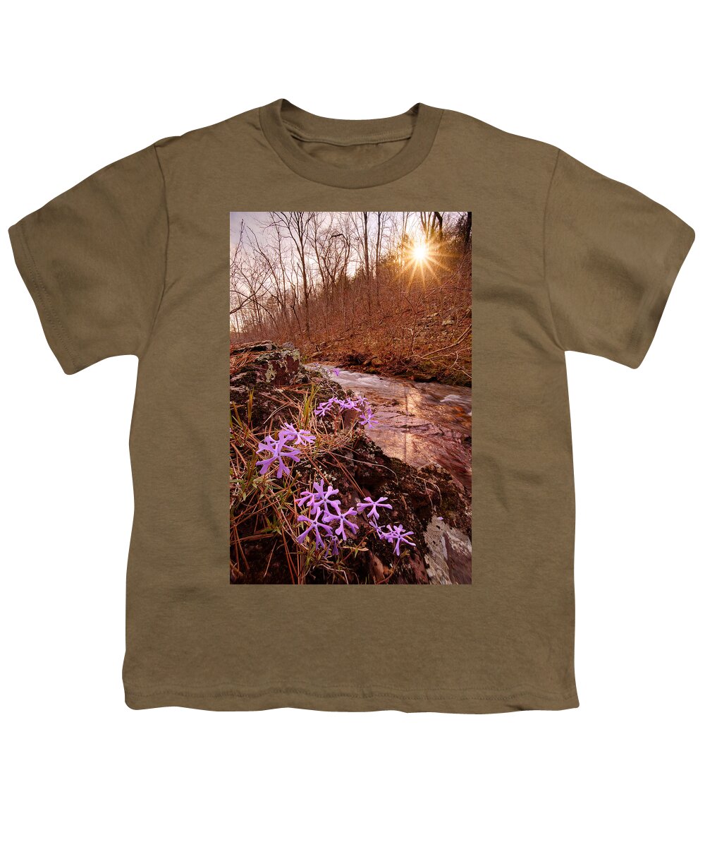 Flowers Youth T-Shirt featuring the photograph Bell Mountain Wilderness, Missouri. Shut-ins Creek Hike. by Robert Charity