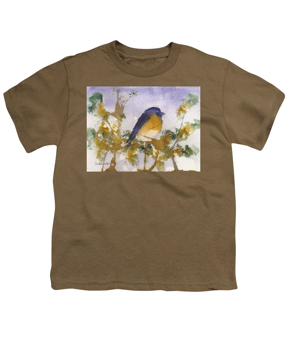 Watercolor Youth T-Shirt featuring the painting Blue Bird in Waiting by Anne Duke