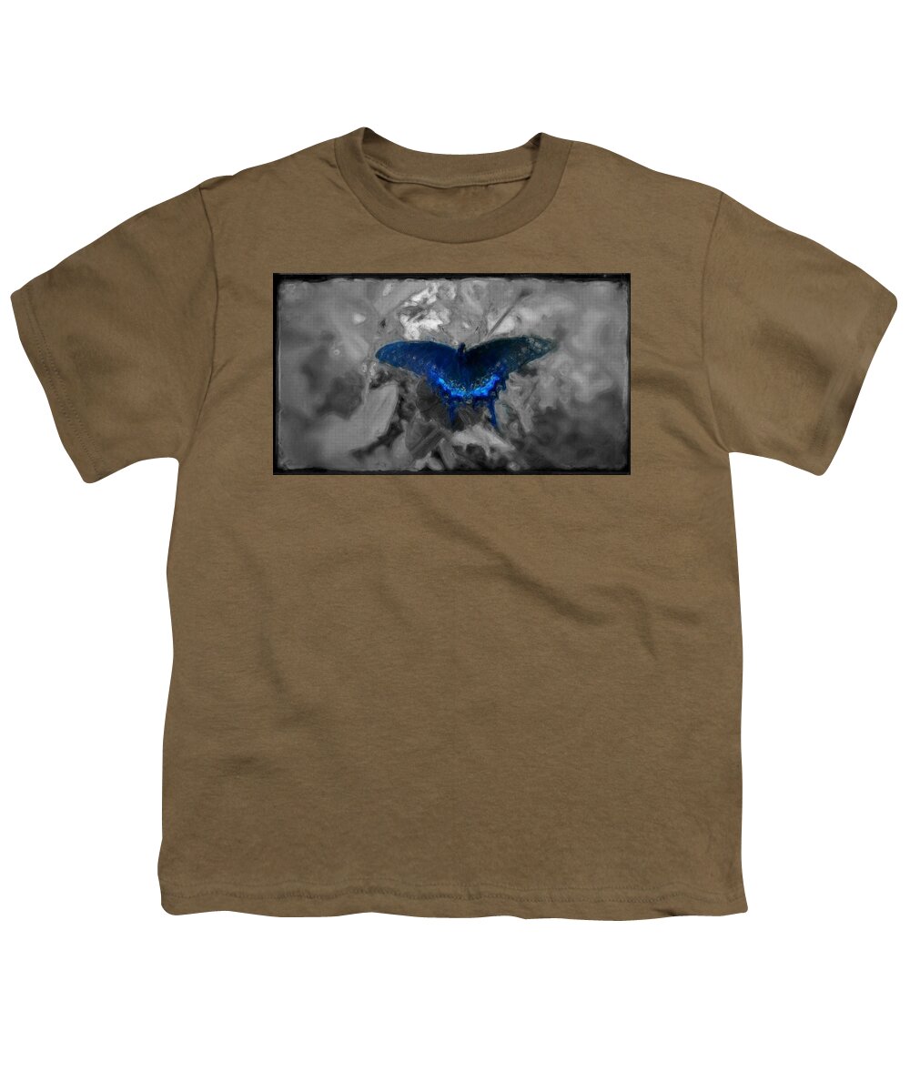 Delicate Youth T-Shirt featuring the digital art Blue butterfly in charcoal and vibrant aqua paint by MendyZ