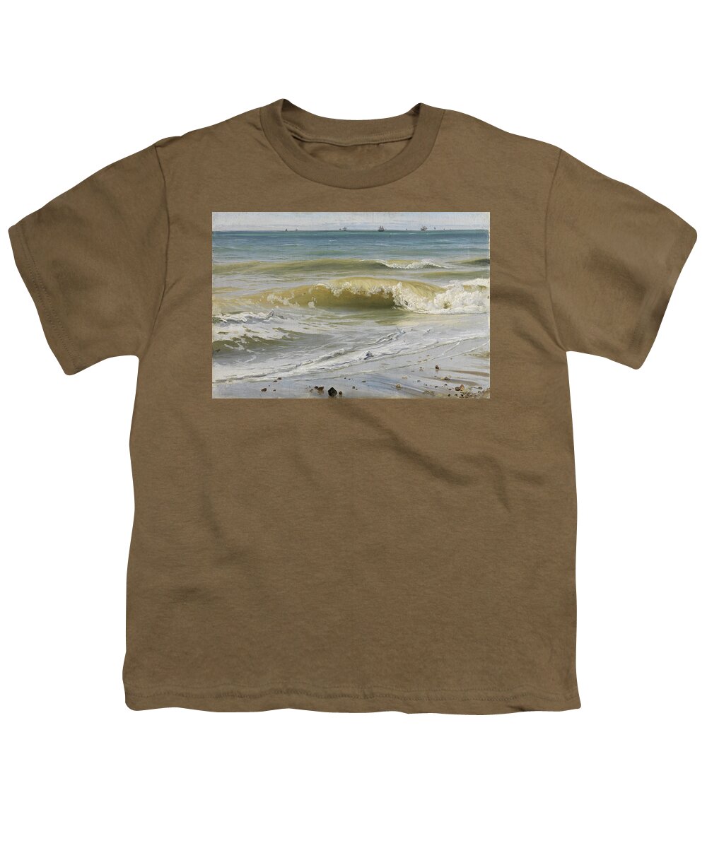 Johann Wilhelm Schirmer Youth T-Shirt featuring the painting Breaking Waves with Distant Ships by Johann Wilhelm Schirmer