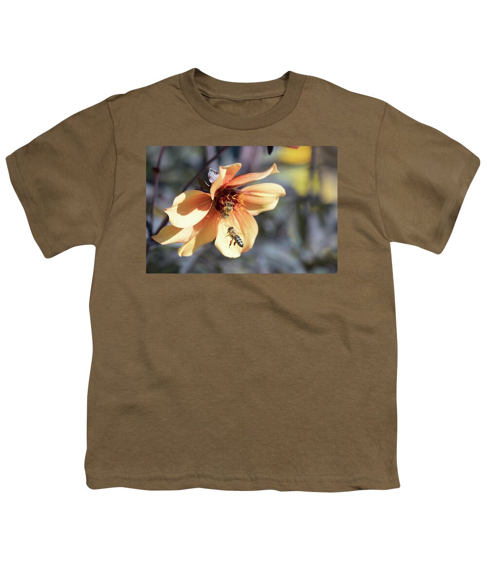 Apiary Bee Bees Buzzing Insect Closeup Close-up Flower Nature Natural Flowers Pollen Outside Outdoors Botanic Botanical Garden Gardening Ma Mass Massachusetts Newengland New England U.s.a. Usa Brian Hale Brianhalephoto Youth T-Shirt featuring the photograph Buzzing the Flower by Brian Hale