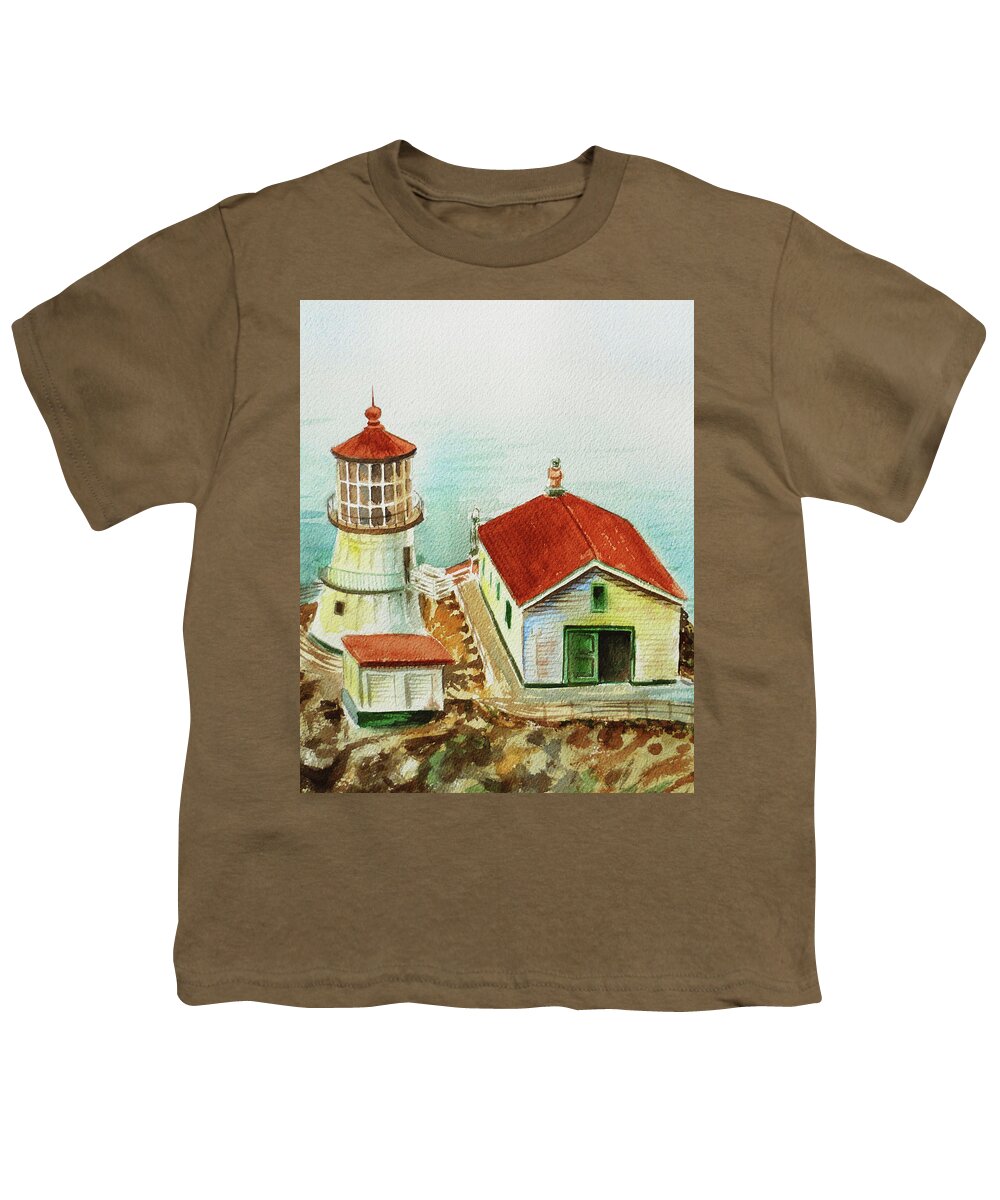 Lighthouse Youth T-Shirt featuring the painting California Lighthouse Point Reyes by Irina Sztukowski