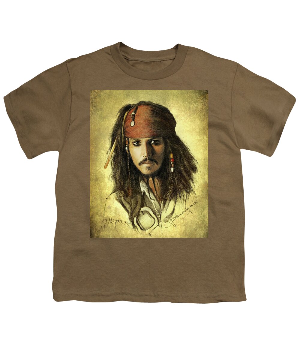 Face Youth T-Shirt featuring the drawing Captain Jack Sparrow by Jaroslaw Blaminsky